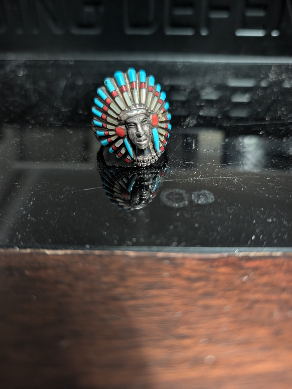 Men's Headdress Inlay Ring — Turquoise & Coral Accents